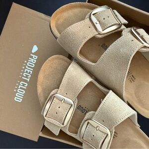 NIB Tan Suede Sandals with Gold Buckles